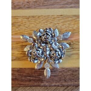 Silver Tone Metal Cabbage Roses and Clear Rhinestone Brooch/Pin /Pendant